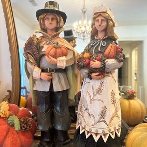 Vintage Pacific Rim Cubist Thanksgiving Pilgrim Man And Woman Figures 17”